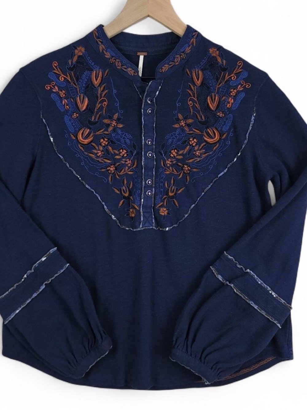 Free People Navy Embroidered Floral Henley Blouse